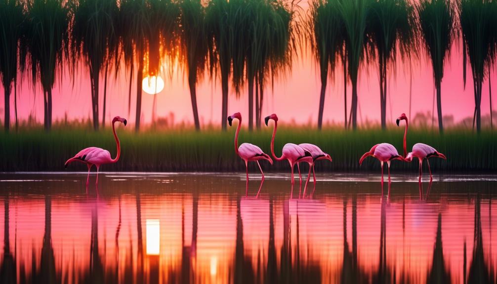 Excursii Delta Dunarii- Flamingos stând în apă la Delta Dunarii în timpul unui apus frumos.