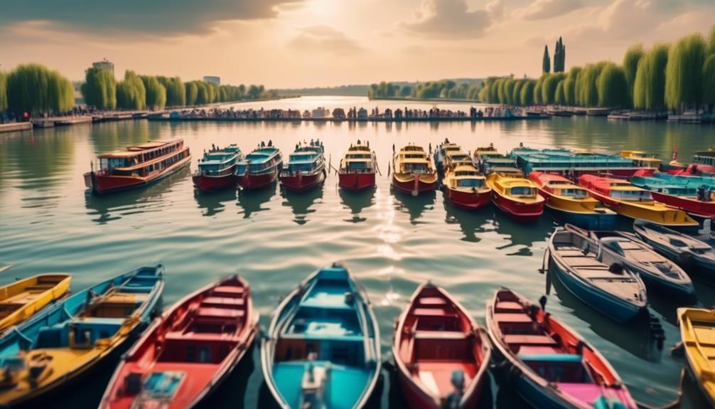 Excursii Delta Dunarii- Descriere: Barci colorate ancorate într-un lac (Explorarea Deltei Dunării).