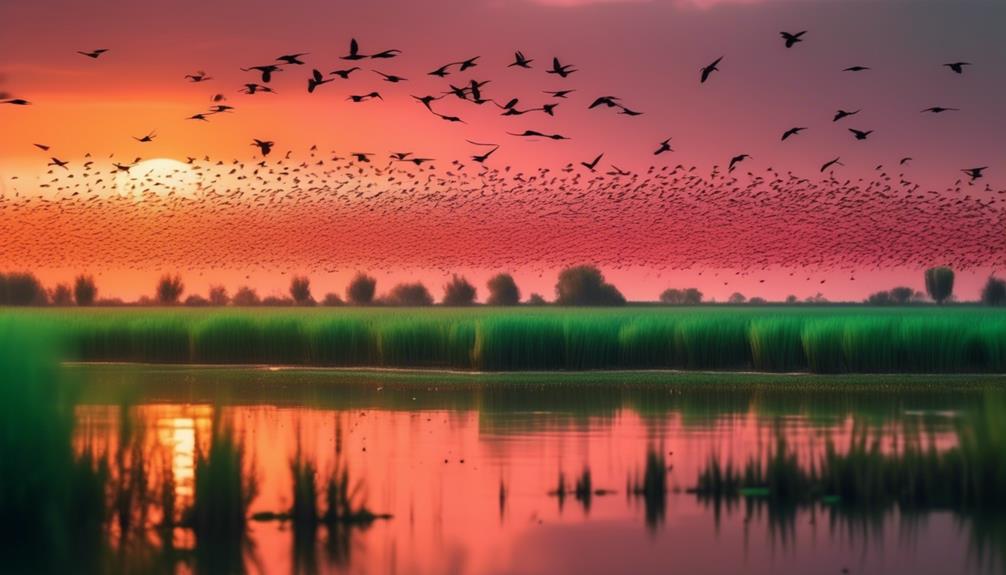 Excursii Delta Dunarii- Păsări care zboară deasupra unui lac la apus în Explorarea Deltei Dunării.